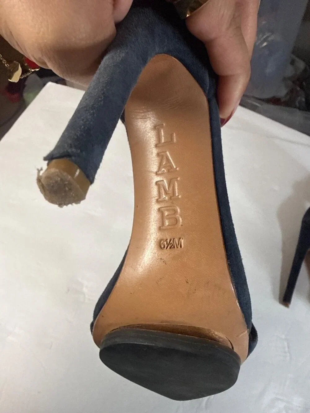 L.A.M.B. Gwen Stefani Navy Blue Suede Ankle Strap Pointed Toe Heels Size 6.5M